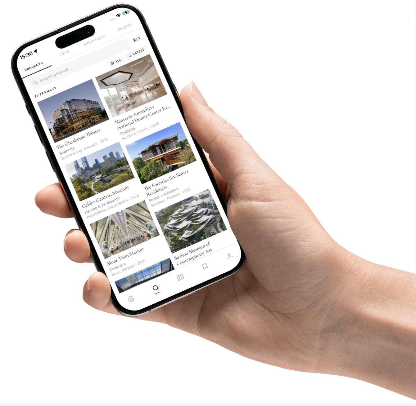 Marchi app showing architecture projects
